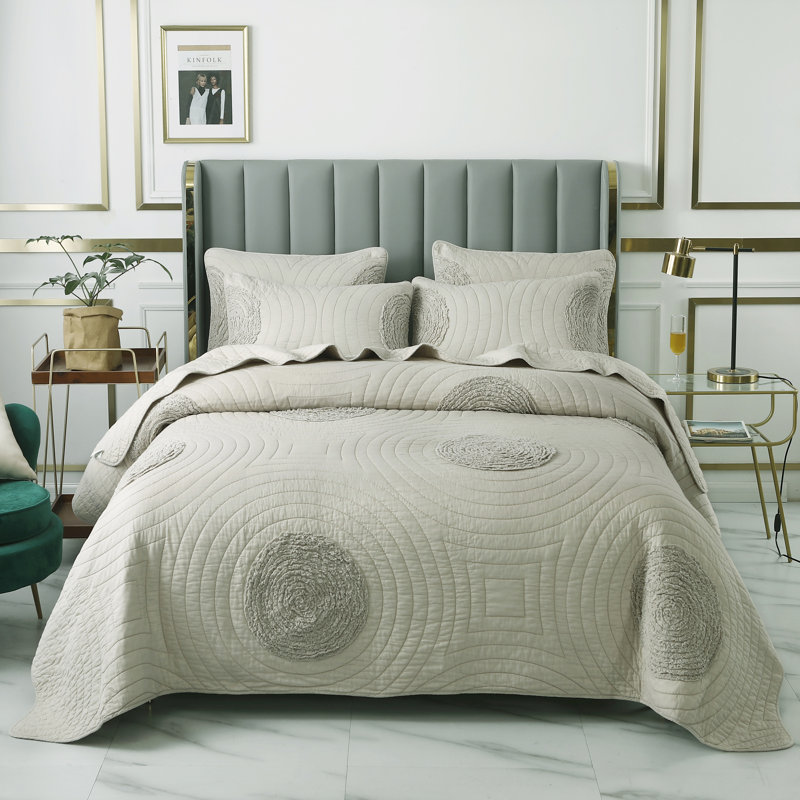 Ensemble de courtepointe réversible standard en coton 3 pièces, Naturel, Courtepointe grand + 2 taies décoratives standard
