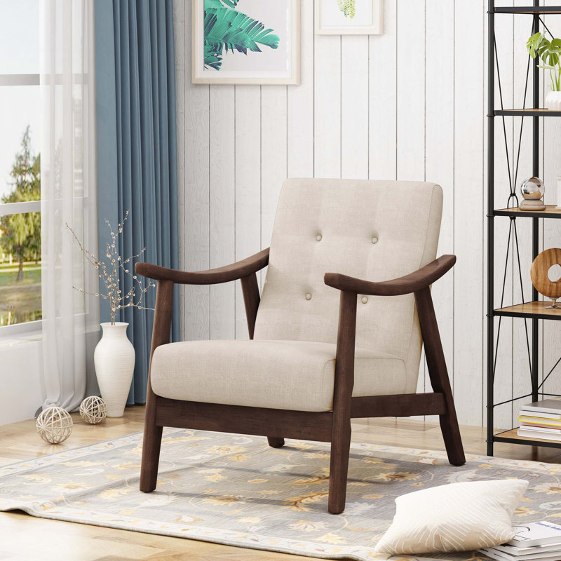Fauteuil club rembourré en polyester avec quatre pieds en bois, design moderne Mid-Century, Beige