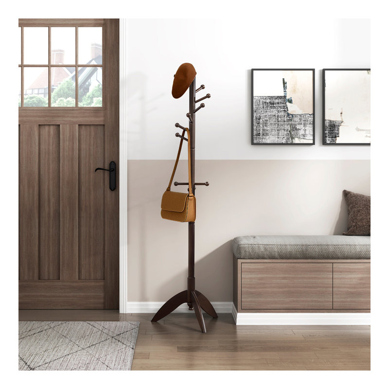Dark Brown Finish Coat Rack Wood, 11 Hooks Coat Hanger Stand Entryway Home Furniture 1Pc, Dark Brown
