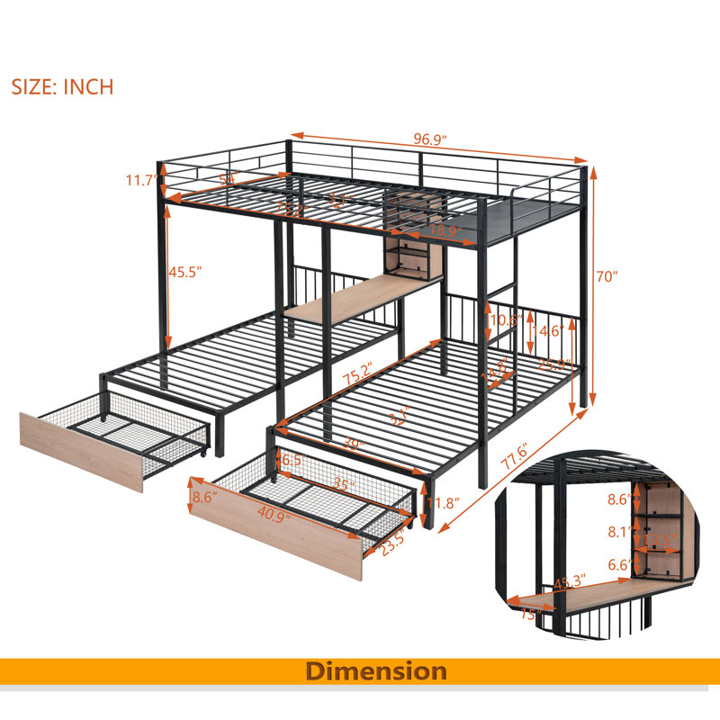 Lit double superposé double au-dessus de simple et simple avec tiroirs, lit à structure en métal multifonctionnel avec bureaux et tablettes au milieu