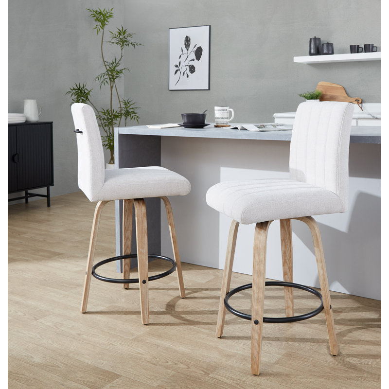 Hank 26" Fixed-Height Counter Stool With Bent Wood Legs - Set Of 2, Light Gray Seat/Whitewashed Frame