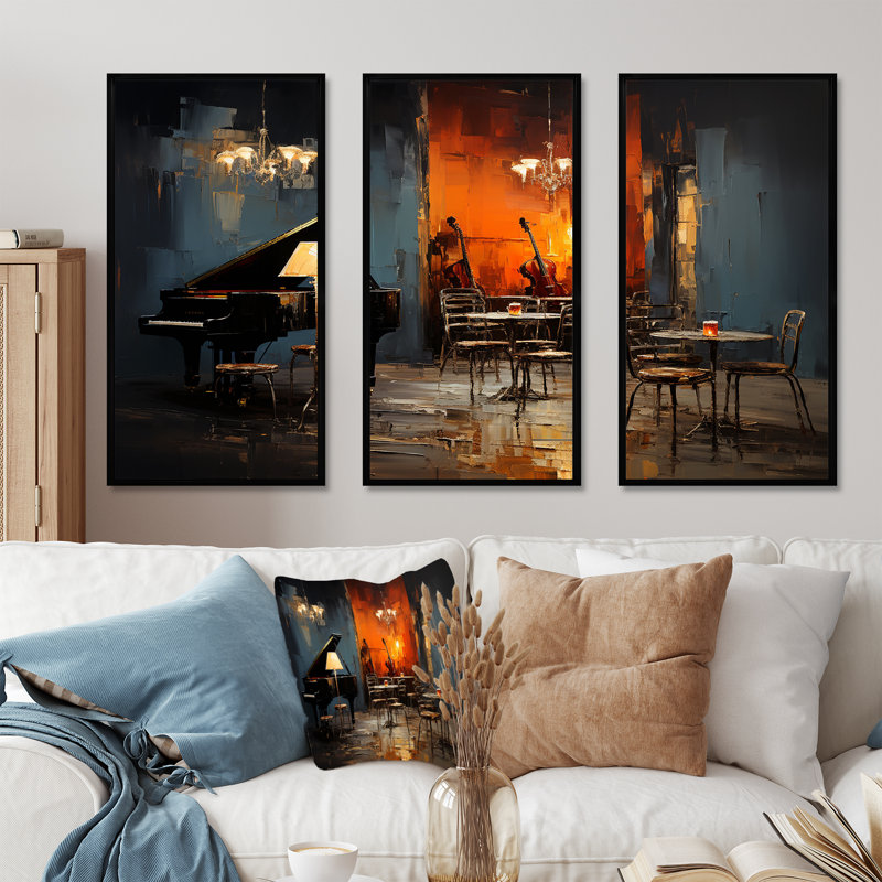 Rétro Sonate pour piano dans Jazz Cafe II - musique Jazz Art mural, H 28 po x l 36 po x P 1 po, Cadre flottant noir