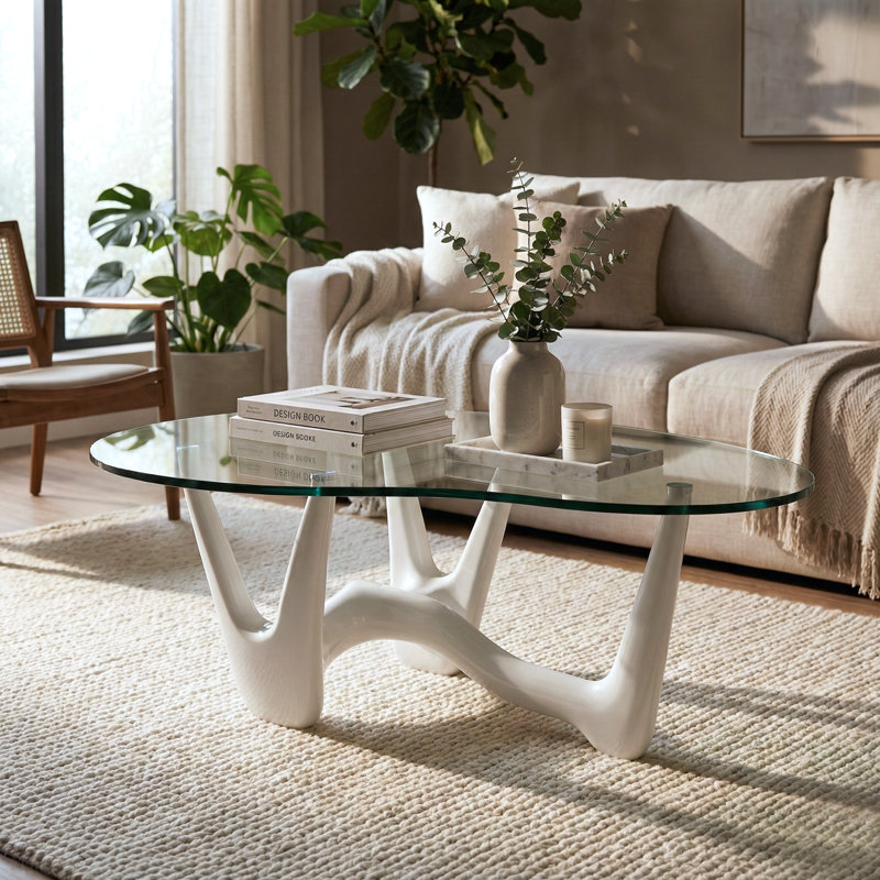 43" Abstract Triangle Glass Coffee Table with Sculptural White Base, Clear, White