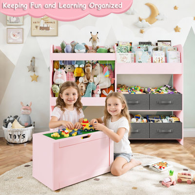 51.1"W Toys Storage Organizer, Kids Bookcases with 4 Fabric Storage Bins, Large Movable Building Block Lid Toy Box, Stuffed Animal Storage for Bedroom, Playroom, Living Room(pink)