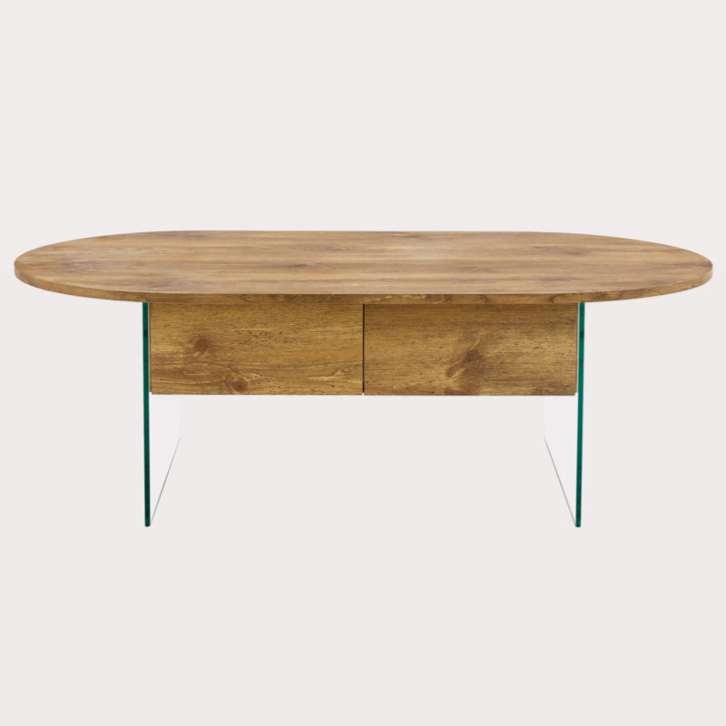 Cozy Natural Oval Double Drawer Coffee Table - Multi-Functional Design.Coffee table with double drawers. The board surface is MDF sticker, and both sides are transparent tempered glass.