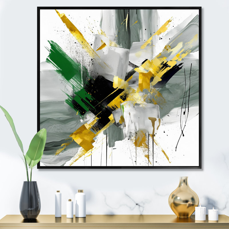 Perspectives abstraites jaunes et vertes II, H 16 po x l 16 po x P 1 po, Cadre flottant noir
