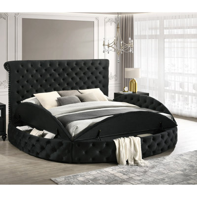 Très grand lit rond avec rangement capitonné en velours noir