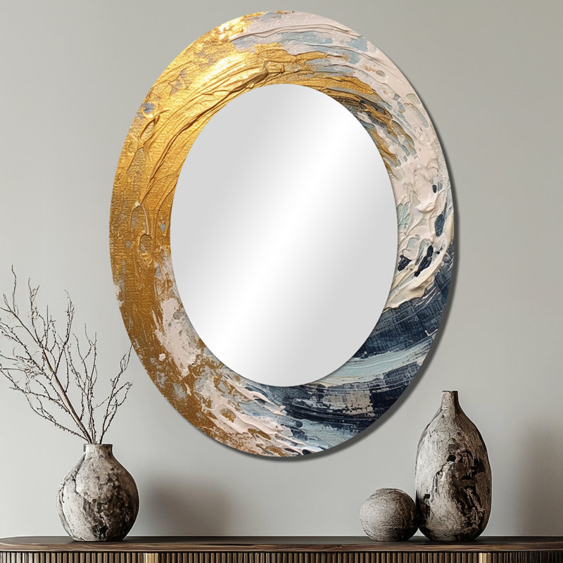 Nébuleuse spirale dorée et bleue - Miroir décoratif ovale abstrait sur métal, 40 po x 30 po