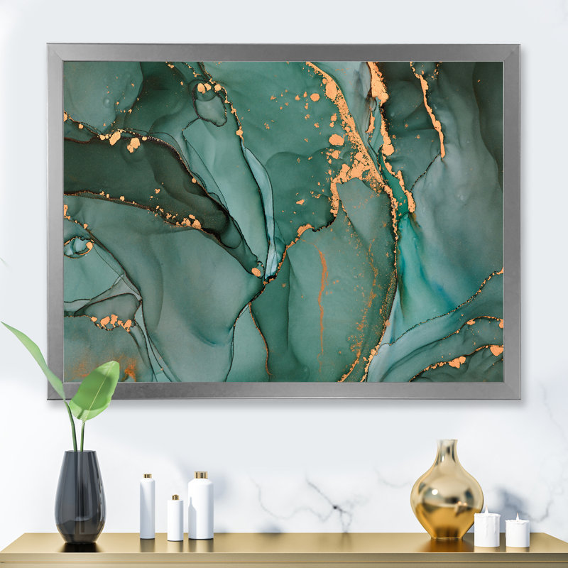 Turquoise et gris luxueux abstrait fluide IV - peinture sur toile, H 30 po x l 40 po x P 1,5 po, Cadre photo argenté