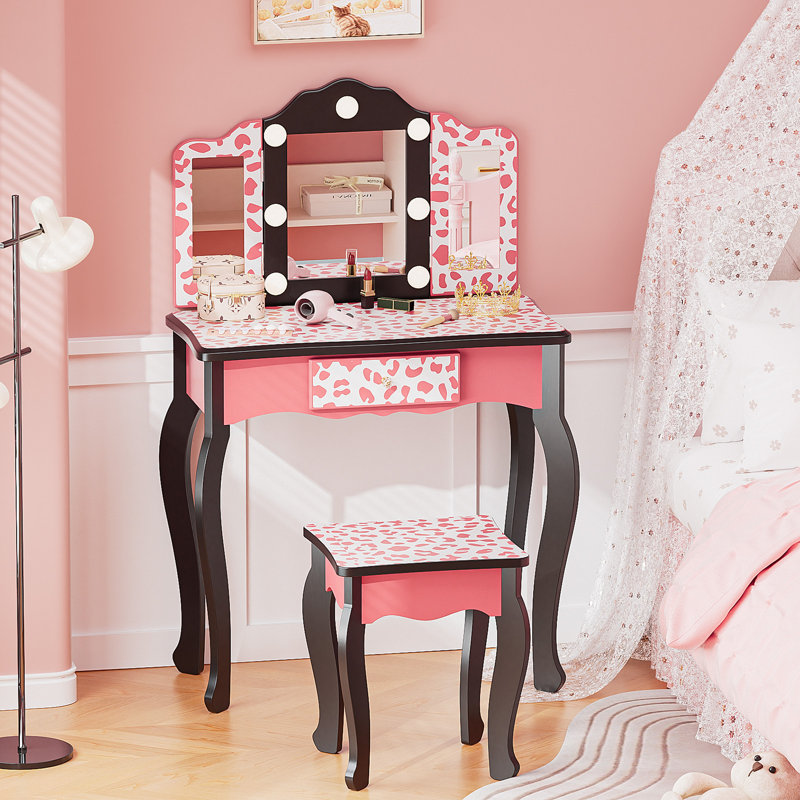 Kids MDF Vanity Table Set In Pink With 1 Drawer With 3-Color Dimmable LED Bulb, Pink/Black