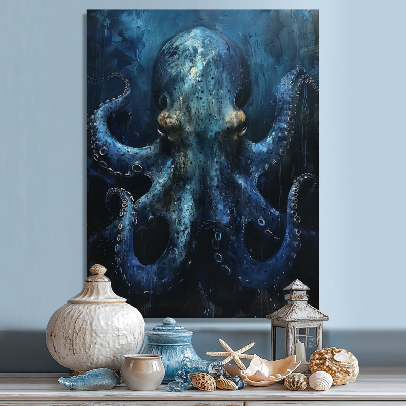 Bleu pieuvre géante créature - créatures marines, art mural salon, Toile tendue, H 16 po x l 32 po