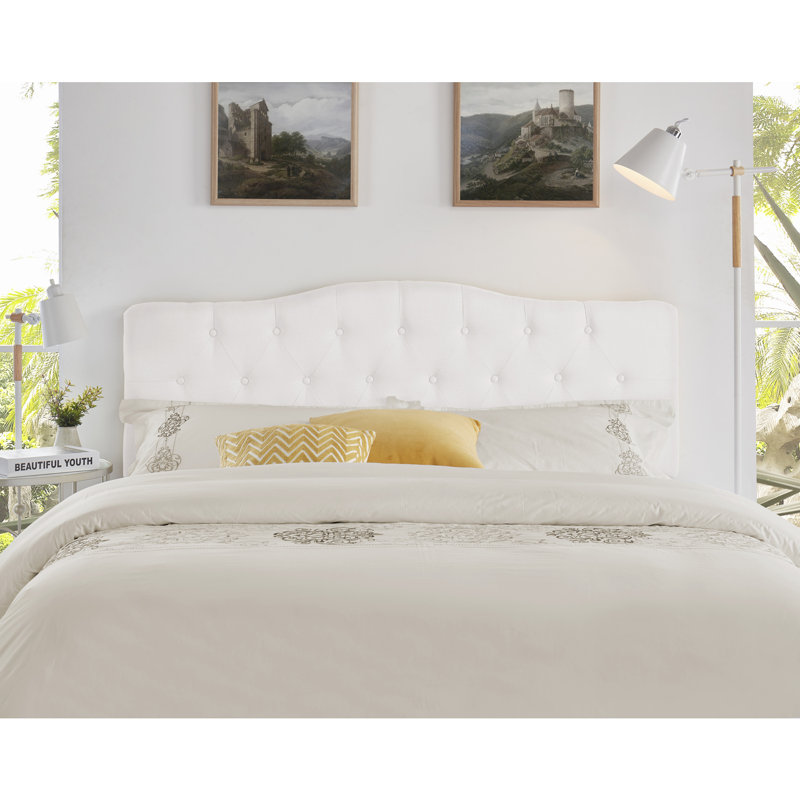 Button Tufted Upholstered Adjustable Full Size Headboard in Linen Fabric, Metal Legs, White