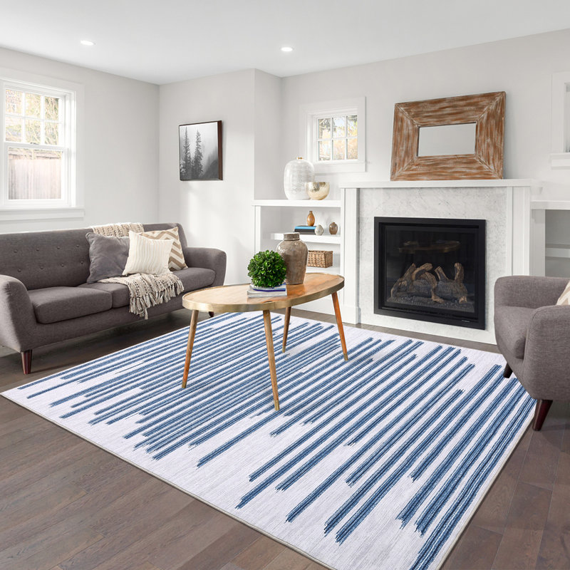 Tapis rayé en polyester bleu Kr Krellyn, Rectangle 8 pi x 10 pi