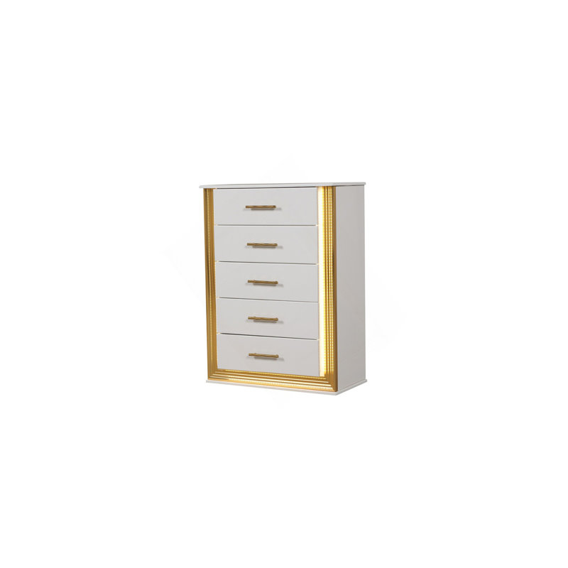 Commode 5 tiroirs de style contemporain Obsession en bois et finition dorée