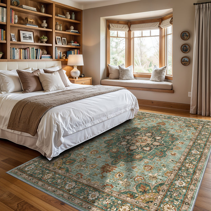 Washable Oriental Area Rug - Rugs for Living Room Soft Carpet for Bedroom Waterproof Floral Distressed Indoor Stain Resistant Non-Shedding Floor Carpets (Green)