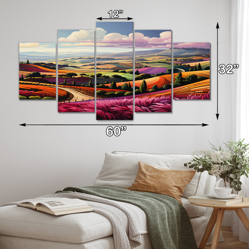 Rangées de rubis pourpre - orange, vigne et vignoble - 5 panneaux