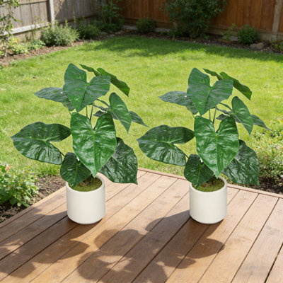 30"Artificial Tropical Alocasia Leaf Plant Set of 2 in White Planters