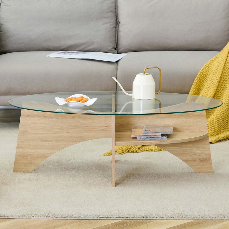 Table basse ovale en verre trempé avec pieds de plateau diagonaux en éventail - couleur bois naturel
