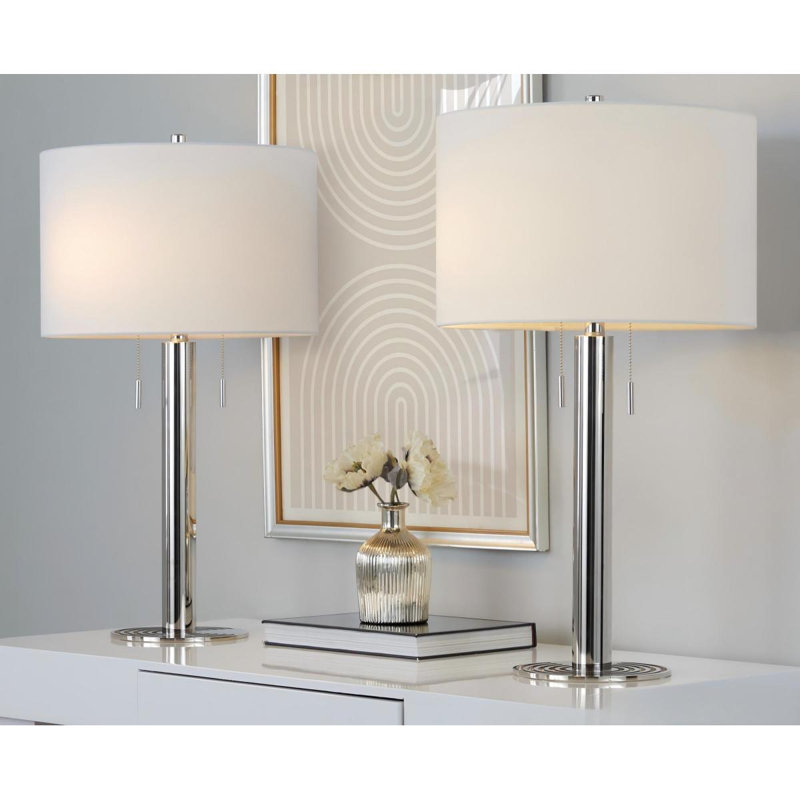 Ensemble de 2 lampes de table en métal Master en nickel poli et lin blanc de 29 po Master