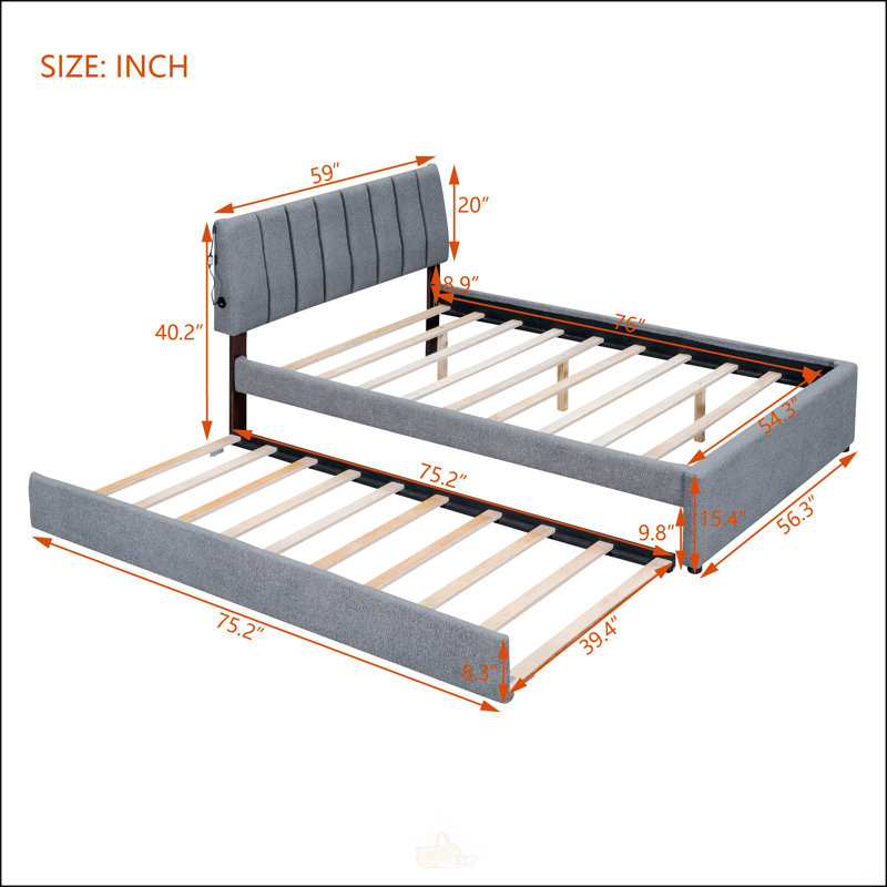 Lit plateforme tapissier avec lit gigogne double Teddy