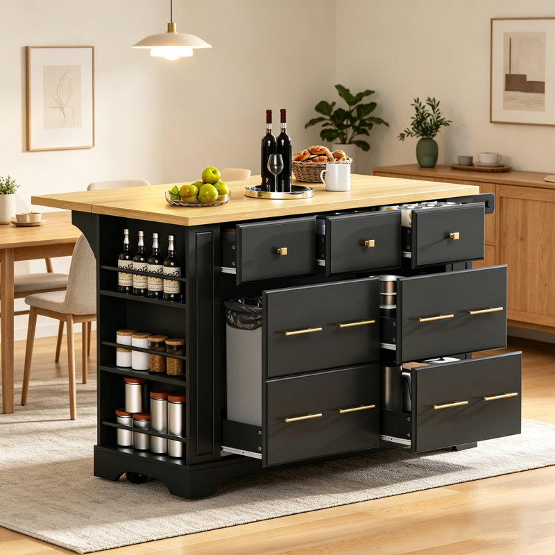 Kitchen Island with 6 Drawers, Pull Out Trash Can Storage, Rolling Kitchen Cart with 5 Wheels, Drop Leaf, Power Outlet & 5 Open Side Racks for Kitchen & Dining Room, Black