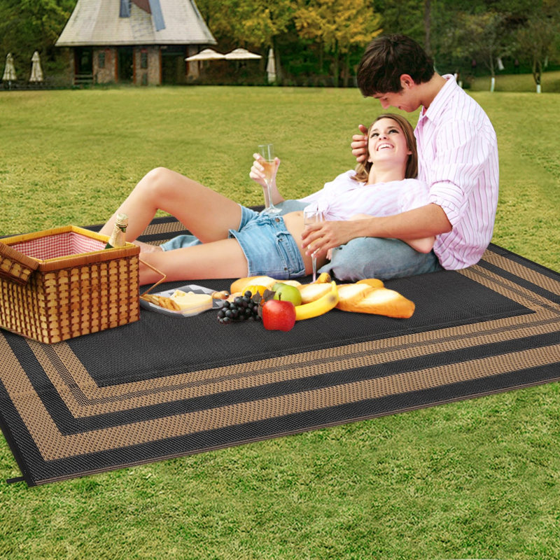Outdoor Plastic Straw Rug 8x10 Reversible Patio Rug Outdoor Rugs Waterproof Camping Rugs Portable Outside Floor Mat for RV Porch Balcony Patio Camping Picnic Beach Black/Brown Panel