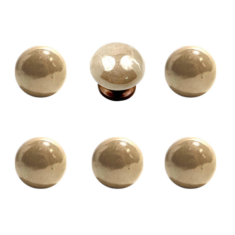 Set of Six Tan Ceramic Mushroom Shape Drawer Pull Knobs