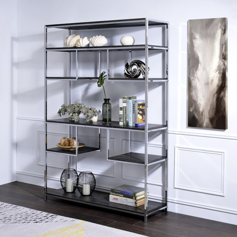Rustic Gray Oak & Chrome Finish Bookshelf