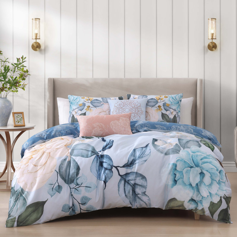 Sky Blue Floral Cotton Queen Reversible Comforter Set