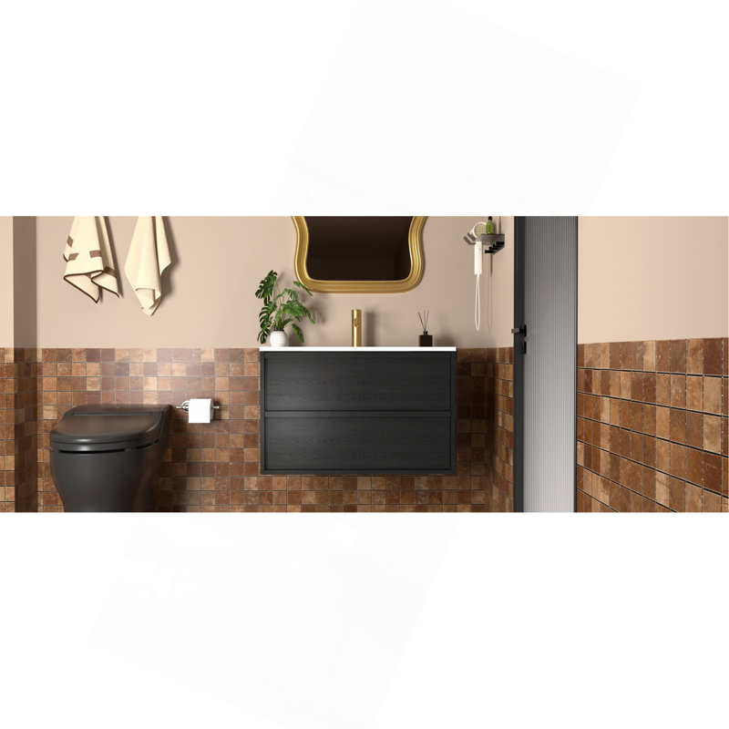 Meuble-lavabo de salle de bain de 76 cm (30 pouces) - Meuble-lavabo mural suspendu noir cannelé avec tiroirs, de style moderne (sans lavabo)
