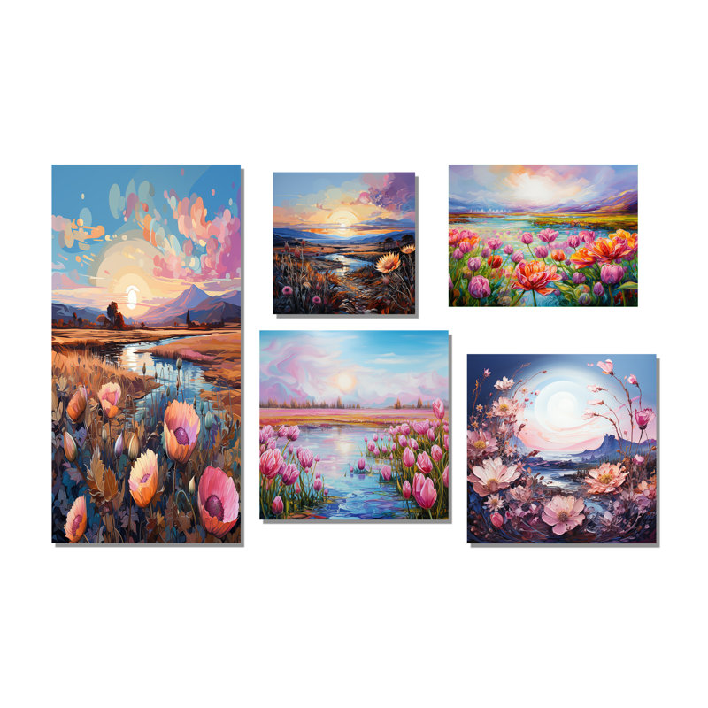 Thistle Flower Field Sunset - ensemble de 5 impressions sur toile Flower Field, Toile tendue