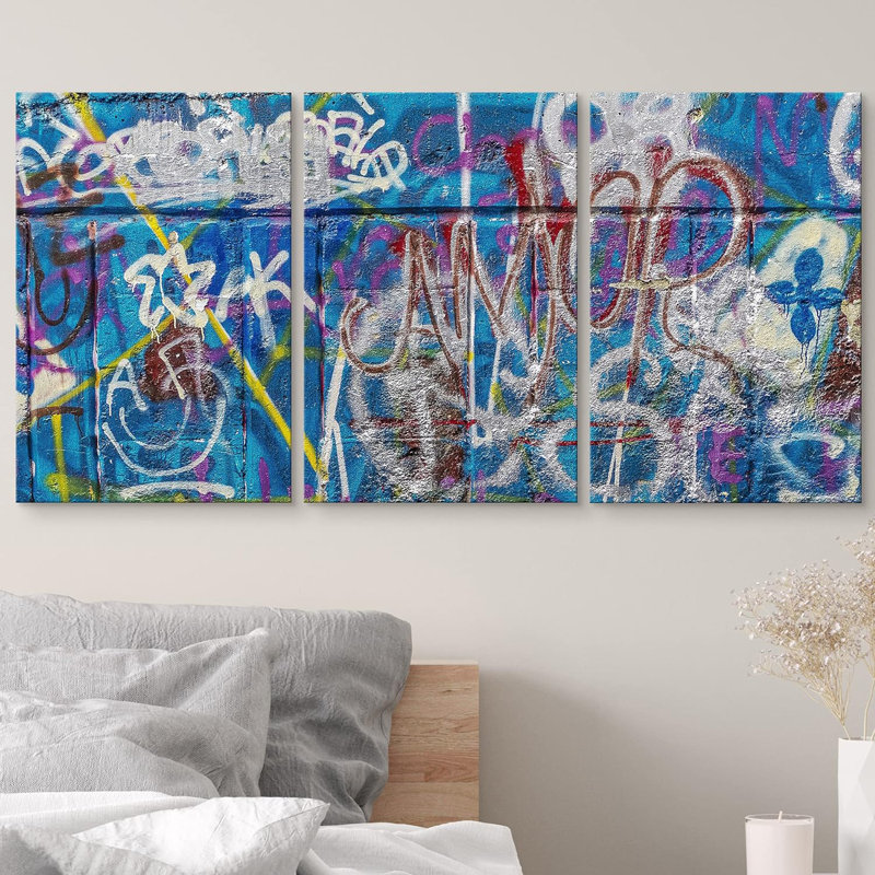 Multicolore 3 pièces Graffiti et art urbain bleu, H 36 po x l 72 po x P 1,5 po