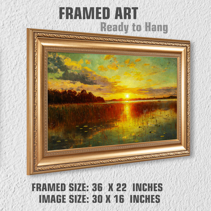 Sunset Over Danish Fjord Gold Framed Canvas Art 36x22