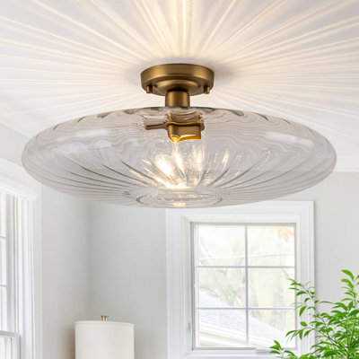 19.3" Mid-Century Modern 1-Light Ribbed Glass Flush Mount Ceiling Light, Brushed Brass