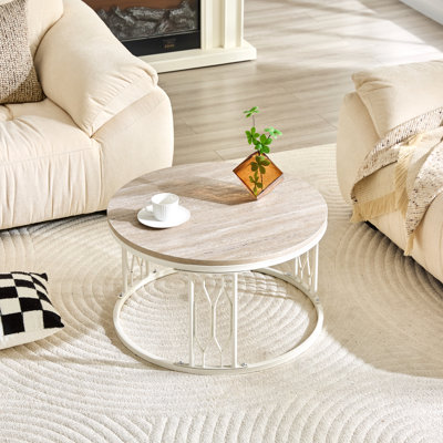Round MDF Coffee Table, 27.5-inch Diameter. A round coffee table for the living room featuring a rustic industrial design, with sturdy metal frame legs and easy assembly