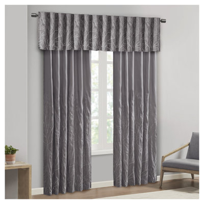 Grey Faux Silk Embroidered Window Valance with Rod Pocket and Back Tabs (50" W x 18" L)