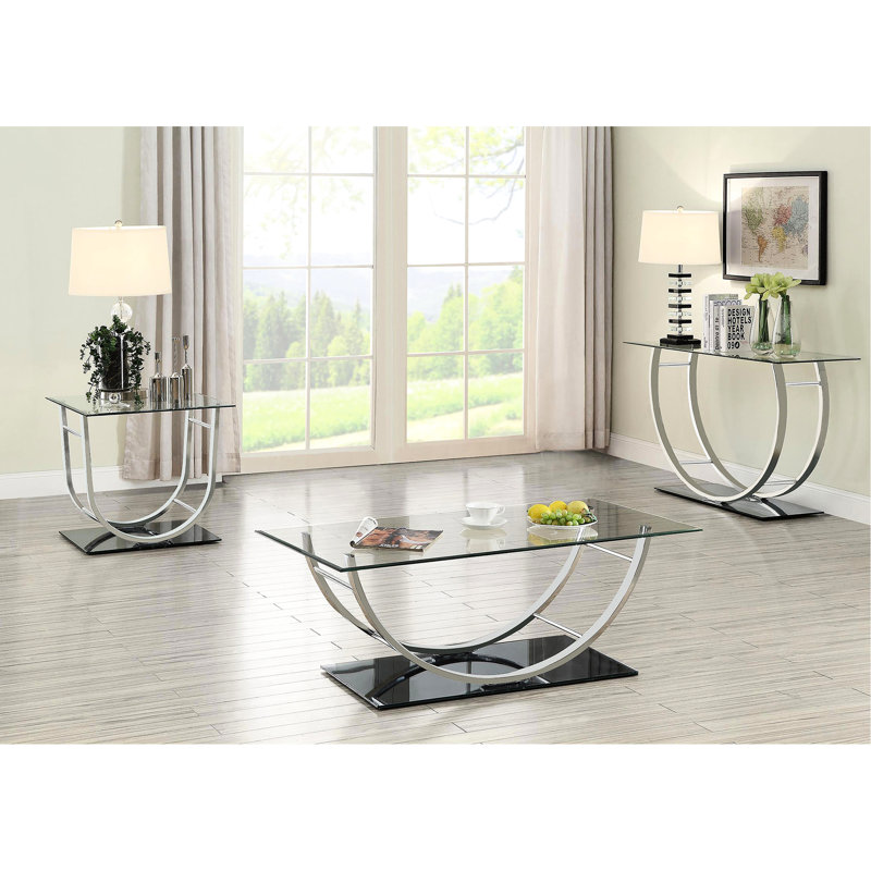 Table basse rectangulaire en verre en forme de U avec une disposition ergonomique pour maximiser l'espace de travail et l'attrait esthétique dans les environnements modernes, avec une finition réfléchissante de 18 pouces de haut et un entretien facile