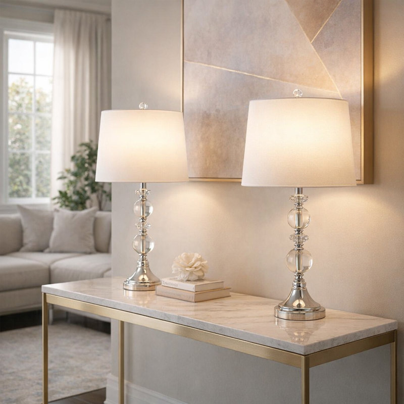 Elegant Crystal Glass Metal Table Lamp for Bedroom Bedside Lighting - Desk Small Accent Lamp for Living Room - Set of 2, 26", Silver & White