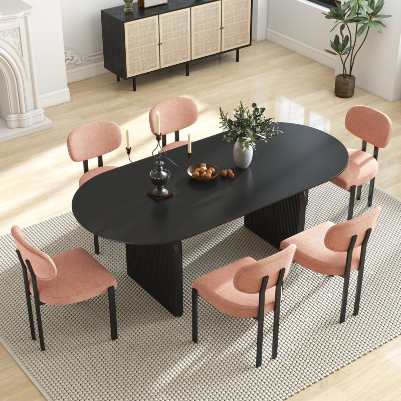 Ensemble de table de salle à manger ovale à double piédestal, 7 pièces : table, 6 chaises, Noir, Orange