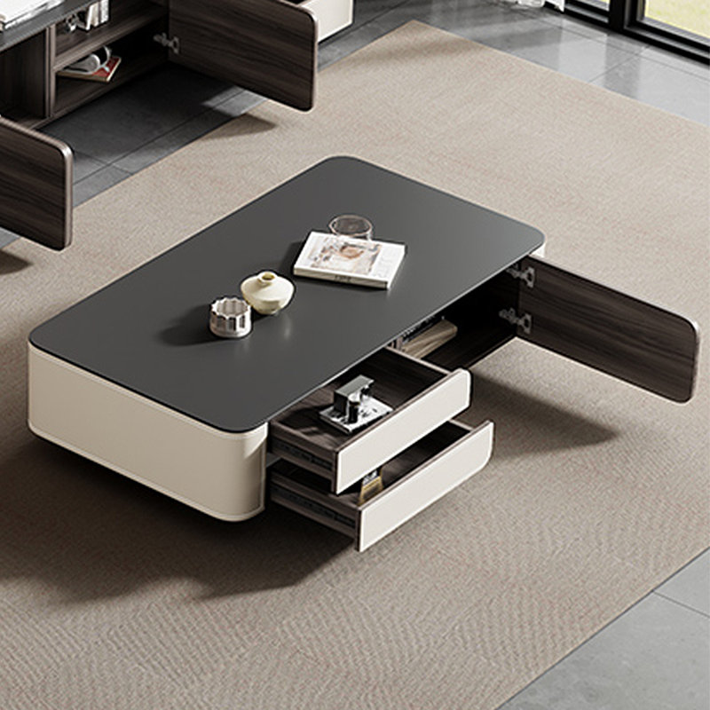 Rock slab simple saddle leather tea table, 13.78" H x 51.18" L x 27.56" W