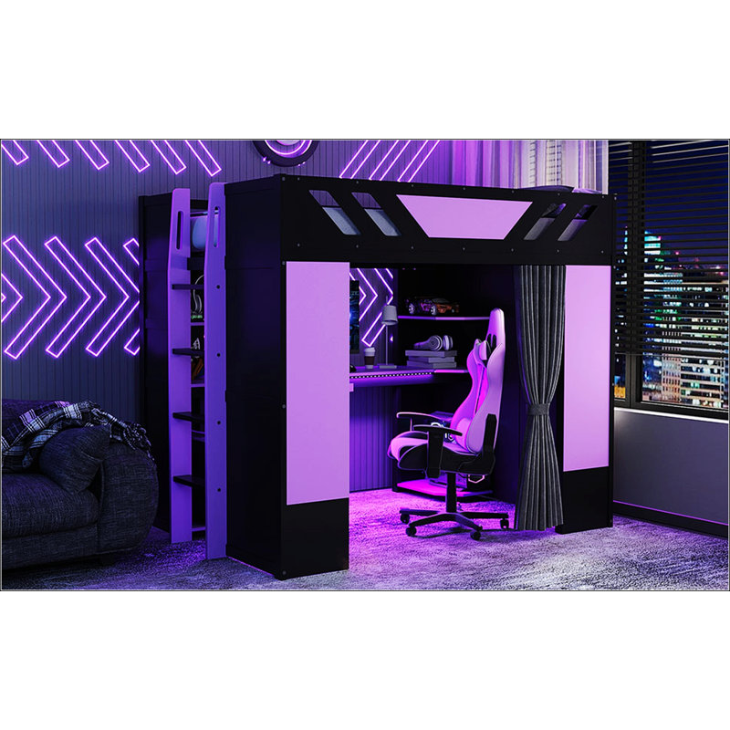 Lit mezzanine en bois pleine grandeur avec tablettes, rideaux occultants et lumières RVB pour plus d'intimité et de fonctionnalité