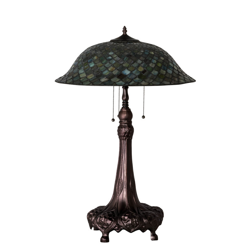 Meyda Tiffany-Inspired 3-Light Mahogany Bronze Table Lamp with Green Stained Glass