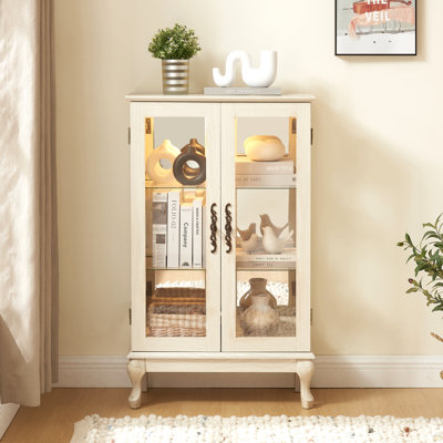 Curio Cabinet With Tempered Glass Doors, Lighted Display Cabinet With Mirrored Back Panel & Adjustable Shelves