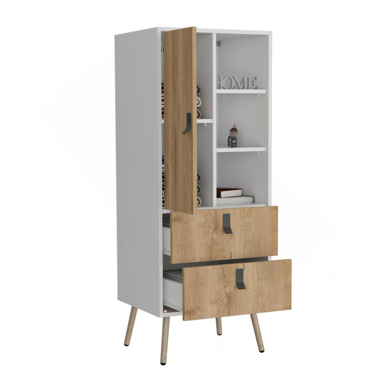 Commode haute Huna, unité avec porte, 2 tiroirs et tablettes ouvertes
