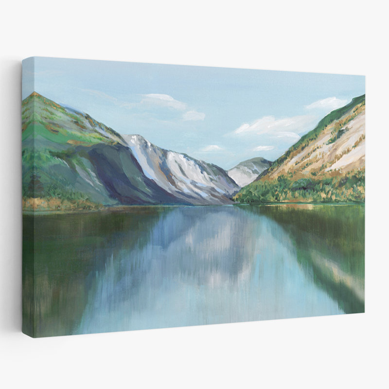 Montagnes et lac, art du bassin florissant, H 24 po x l 36 po