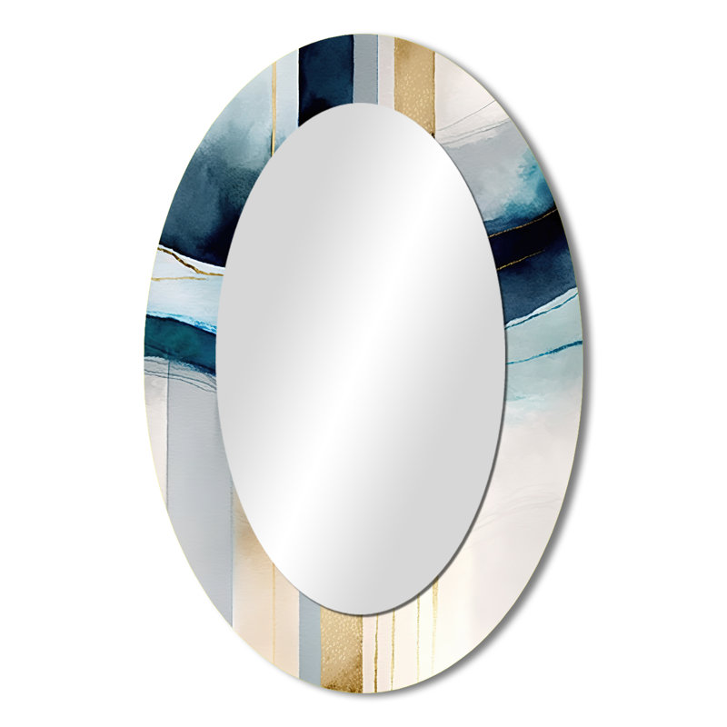 Abstrait transitionnel moderne, formes V - grand miroir mural ovale sur métal, 36 po x 24 po