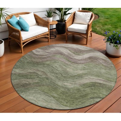 Tapis extérieur rond lavable abstrait vert et taupe 8 pi Fagundes