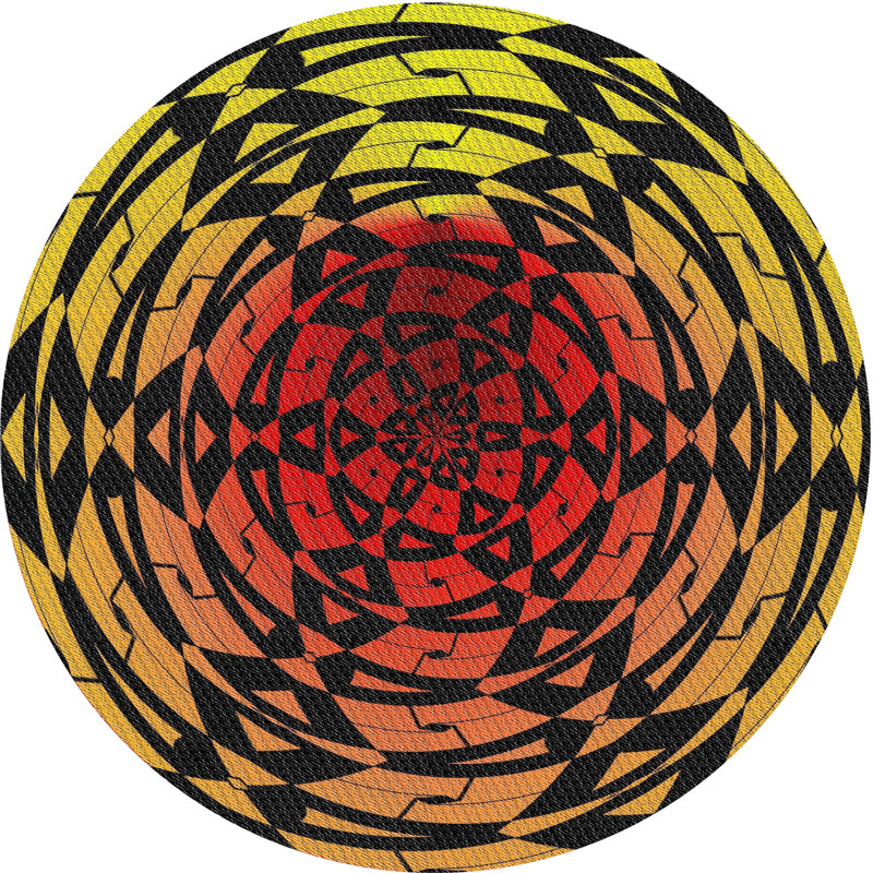 Tapis noir/rouge/jaune à motifs, Rond 6 pi