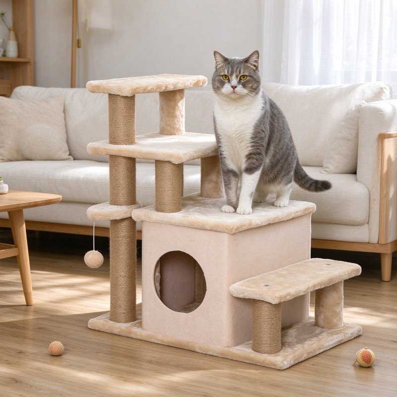 Adjustable Cat Steps with Cat House & Hanging Toy Ball, Beige