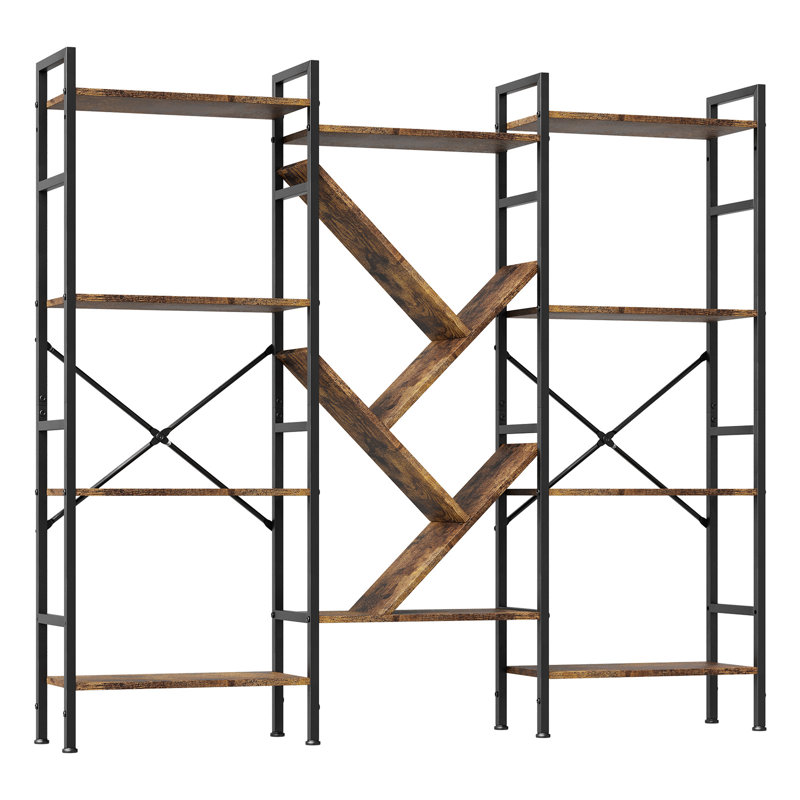 Bibliothèque industrielle à 4 niveaux, grande bibliothèque ouverte avec étagères à livres, tablette rustique en bois robuste pour le bureau de la chambre à coucher